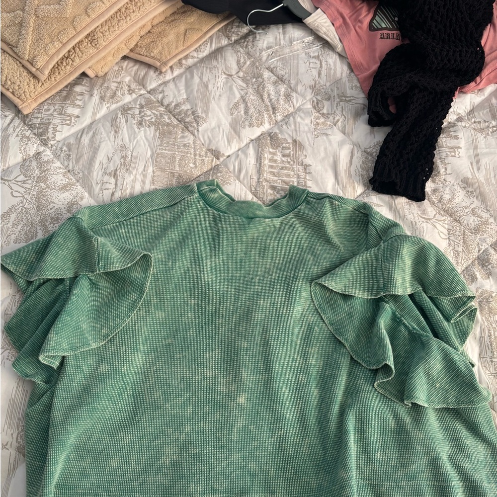 Altar'd State Teal Ruffle Sleeve Blouse